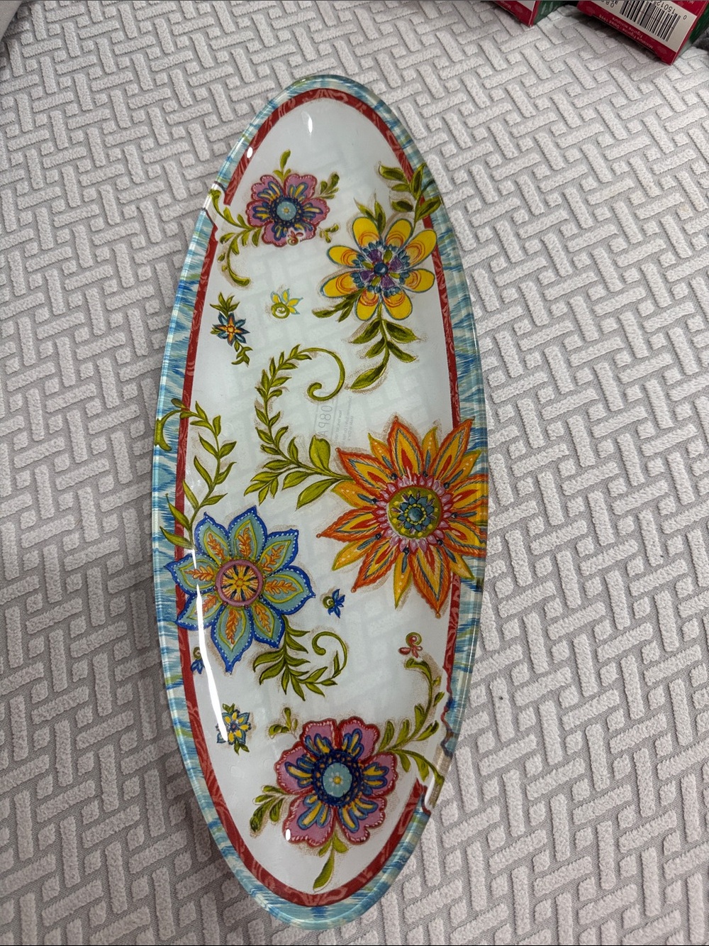 208 PARK Summer Floral Oval Glass Serving Platter Tray Art 15.5 X 6